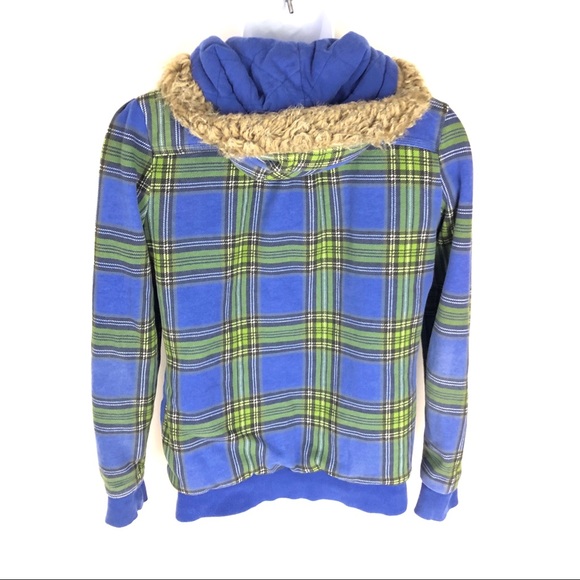 Roxy Plaid Faux Fur Line Toggle Button Jacket Hood - Picture 4 of 6